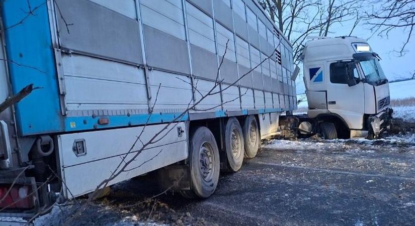 Hajszálon múlt a tragédia: keresztbe fordult egy kamion a havas úton fotó