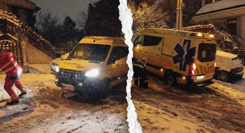 Megható pillanat: a tűzoltók segítettek egy hóban elakadt mentőautónak - fotó