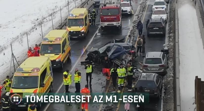 Videón az M1-es autópályán történt tömegbaleset helyszíne