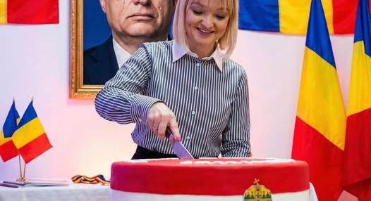 Magyar nemzeti színű tortát szeletel a síró Orbán előtt annak a román pártnak a képviselője, amelynek elnökjelöltjét Orbán is támogatta