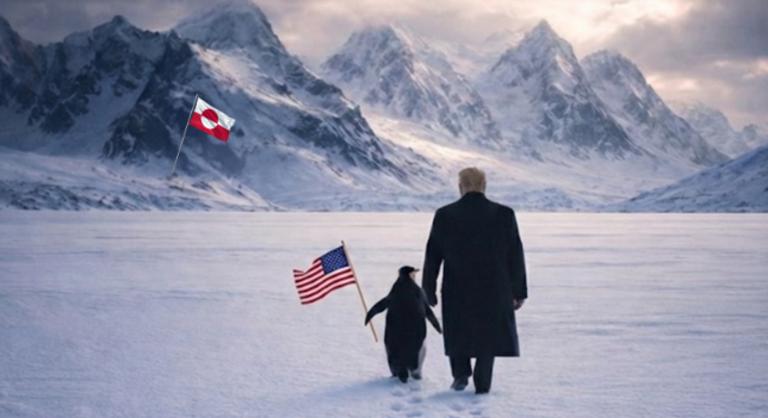Donald Trump egy AI-generált képpel üzent: egy pingvinnel az oldalán venné be Grönlandot