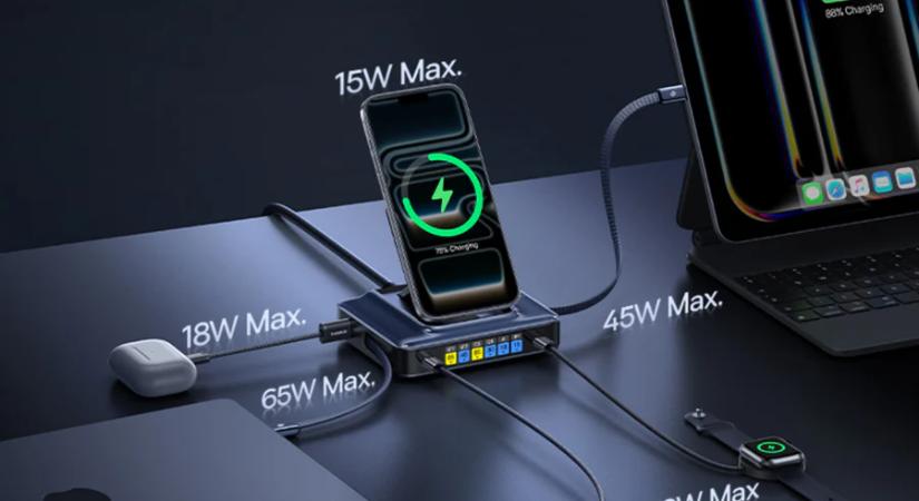 245 wattos GaN asztali töltő, behúzható USB-C kábelekkel