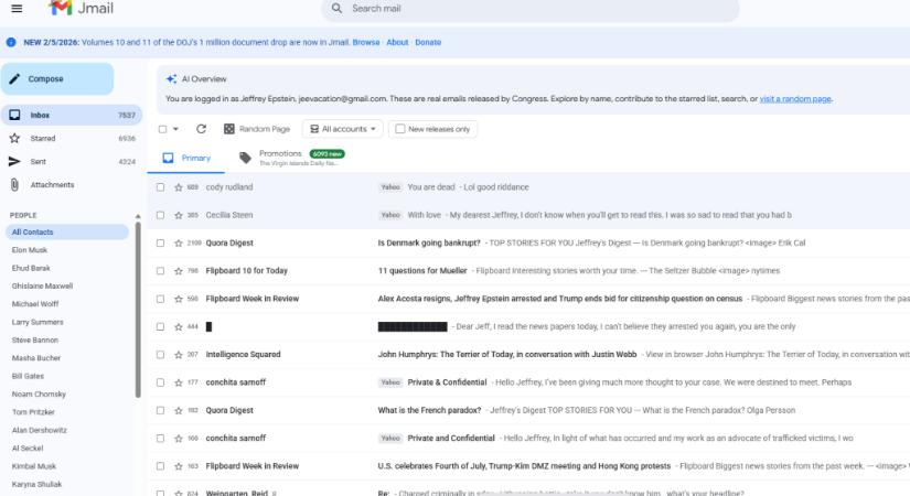 Ezen az oldalon úgy böngészhetünk Epstein emailjei között, mintha csak a saját Gmail-ünket használnánk