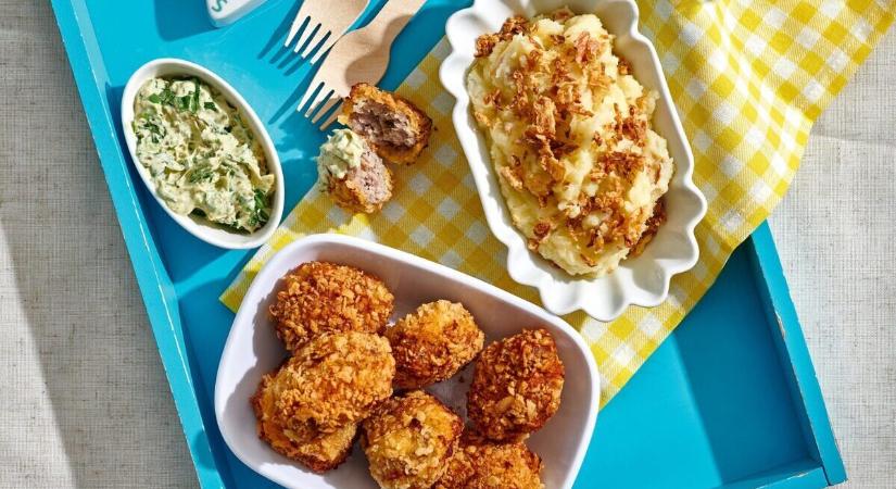 Pankómorzsás nuggets sült hagymás krumplipürével, zöldfűszeres majonézzel