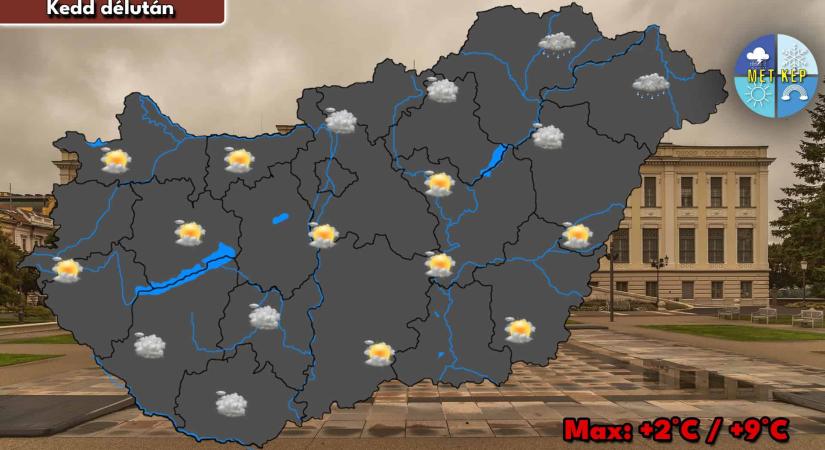 Csapadék is érkezhet kedden, helyenként havas eső is eshet