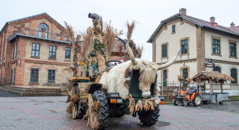 Fotókon az idei busójárás feldíszített traktorja és maszkjai