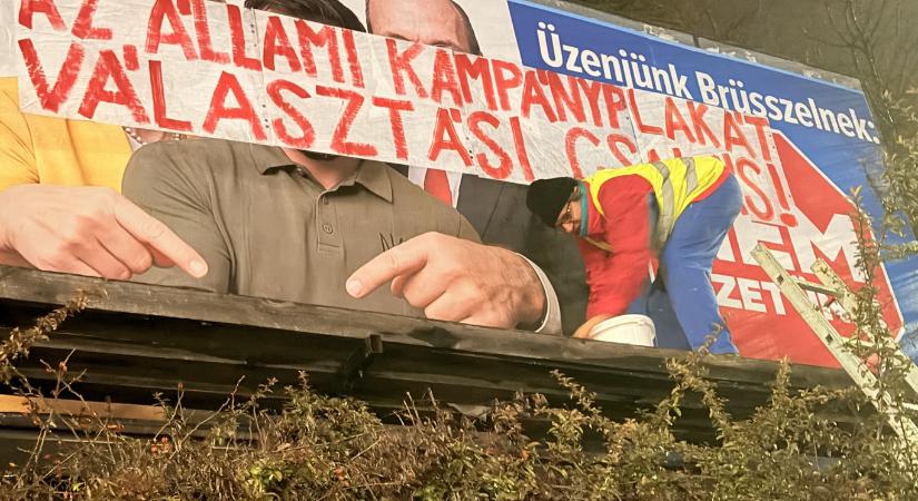 Heindl Péter pécsi aktivista újabb kormányzati óriásplakátot javított ki, megint eljárás indult ellene