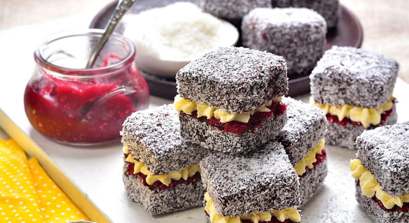 Kókuszkocka málnalekvárral, kókuszkrémmel