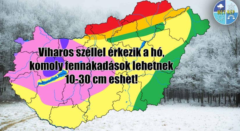 Viharos széllel érkezik a hó, komoly fennakadások lehetnek 10-30cm eshet!