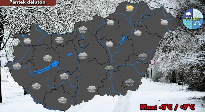 Pénteken még többfelé számíthatunk csapadékkal, ami hó, havas eső, eső is lehet