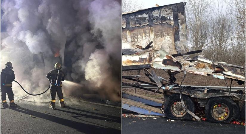 Durva látvány! Kiégett egy kamion az M3-ason - Friss fotók és videó a helyszínről!