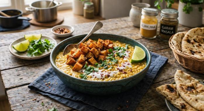 Vöröslencse-dahl kókusztejjel és fűszeres sült édesburgonyával