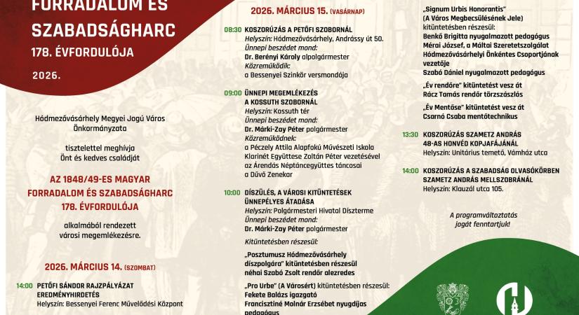 Városi ünnepségsorozattal emlékezik Hódmezővásárhely az 1848/49-es forradalom és szabadságharc 178. évfordulójára